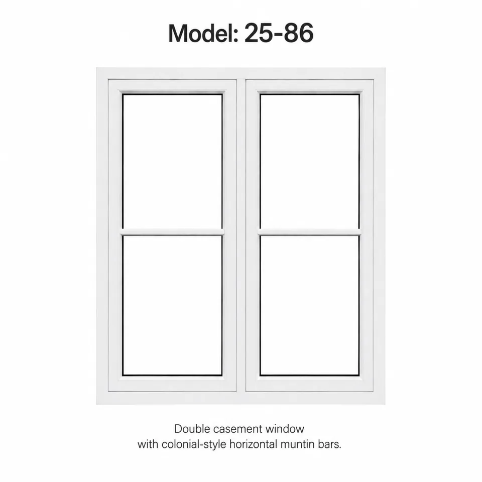 White uPVC replacement window, model 25-86, double casement, colonial-style horizontal bars