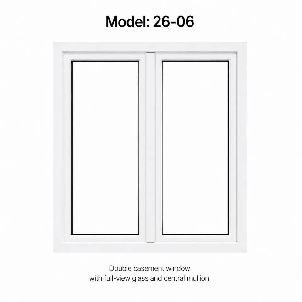 White uPVC replacement window, model 26-06, double casement, full-view glass with central mullion