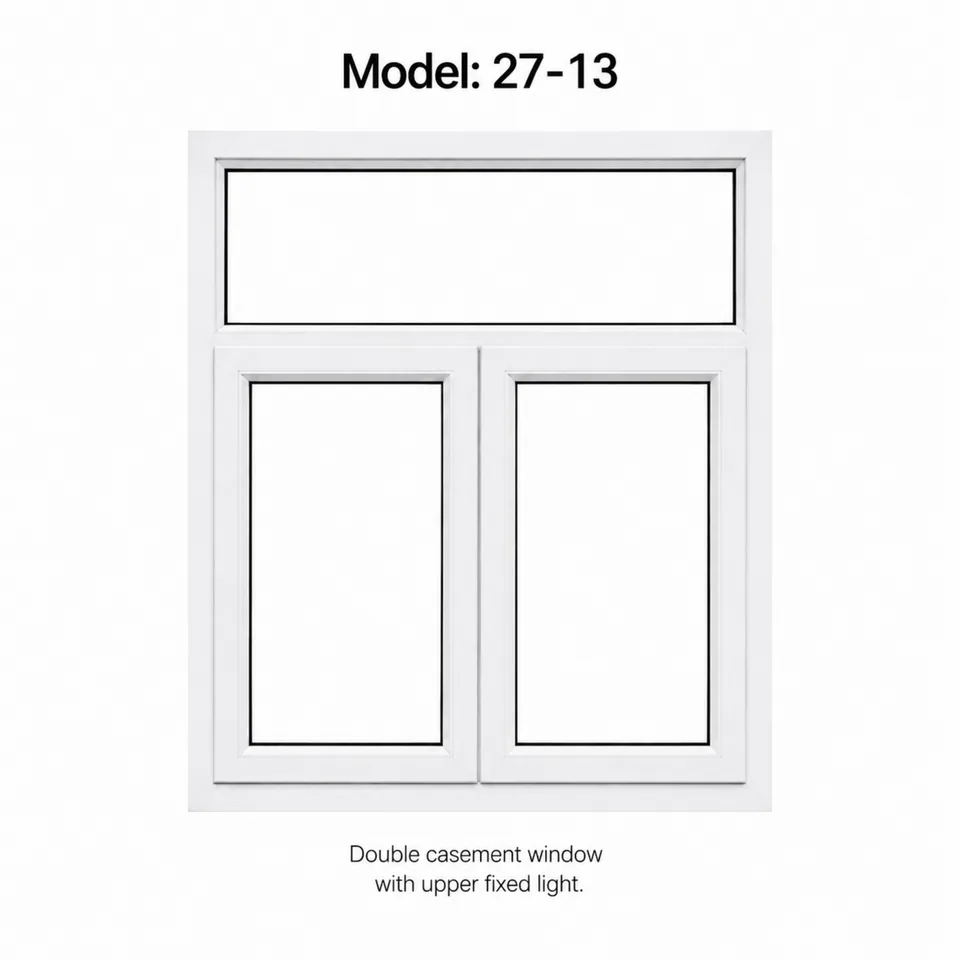 White uPVC replacement window, model 27-13, double casement, upper fixed light