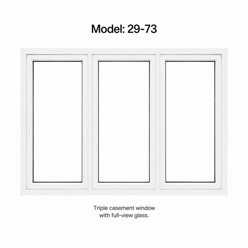 White uPVC replacement window, model 29-73, triple casement, full-view glass